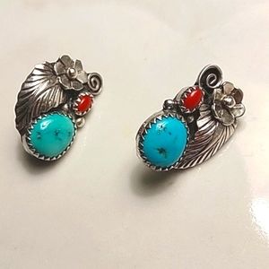 Genuine Silver, Turquoise & Coral Earrings